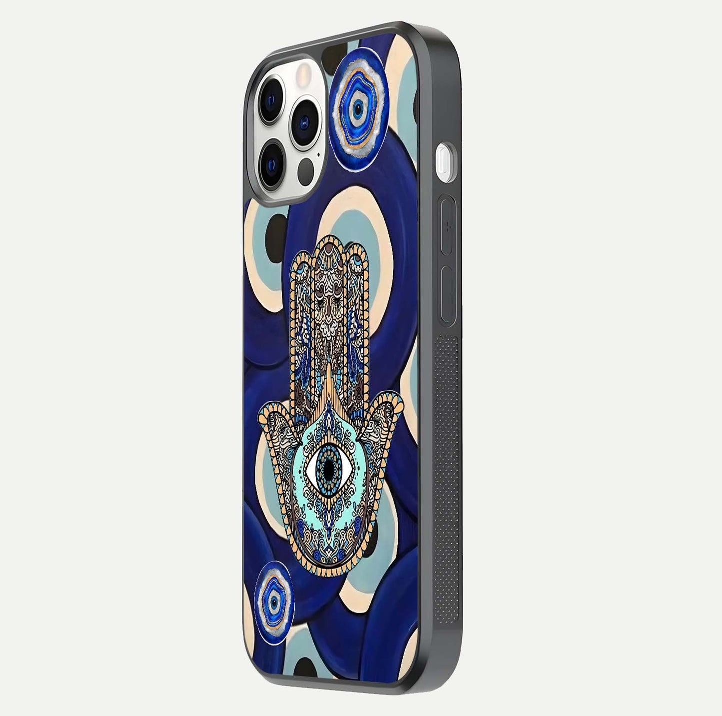 Hamsa Divine Guard Glass Case for iPhone 12 Pro side-angle image showing reflection brilliance and protective design