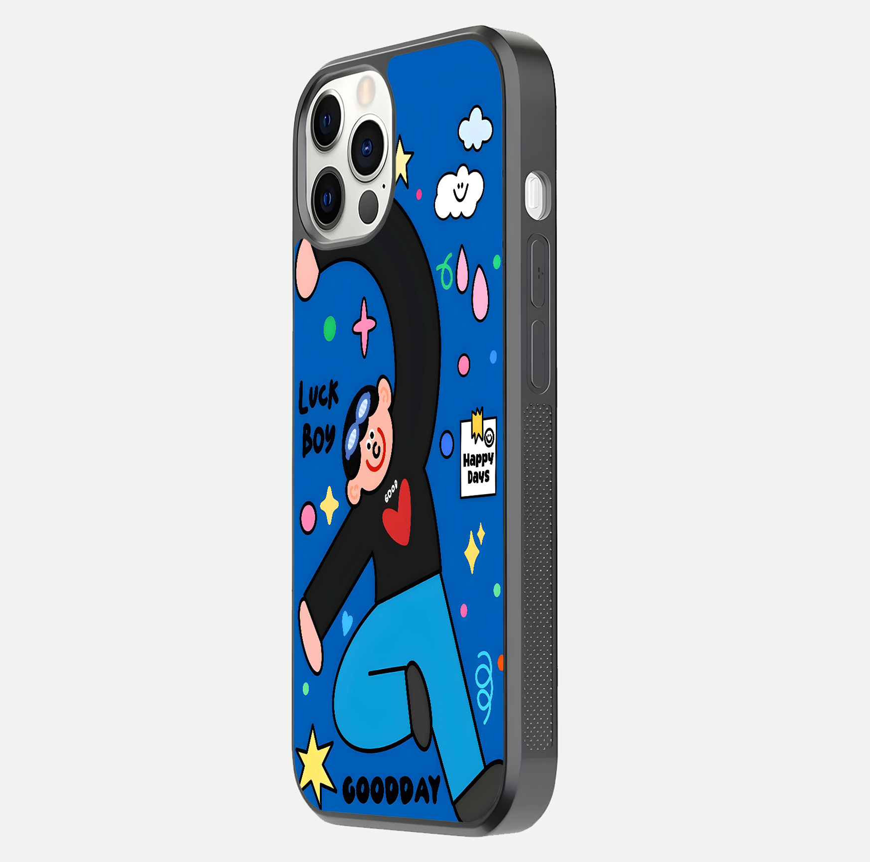 Happy Luck Vibe Glass Case for iPhone 12 Pro side-angle image showing reflection polish and vivid charm design