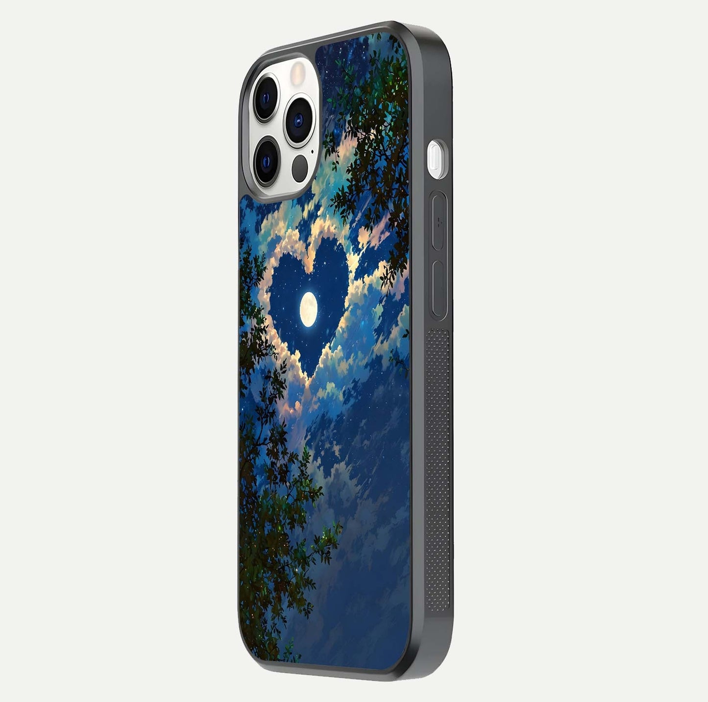 Heart with Moon Sky Glass Case for iPhone 12 Pro side-angle image showing reflection brightness and soft tone finish