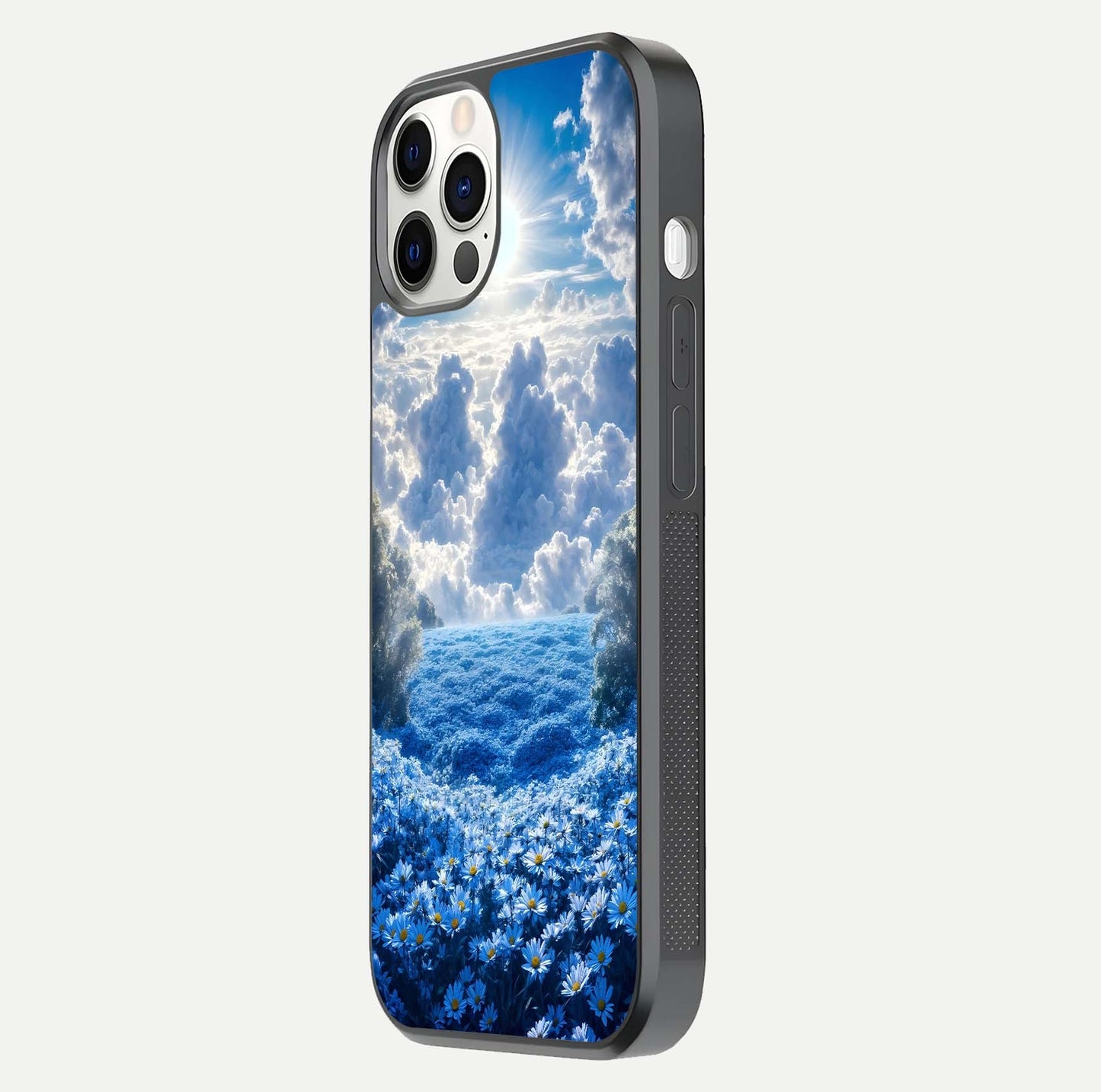 Heavenly Daisy Horizon Glass Case for iPhone 12 Pro side-angle image showing reflection depth and floral glow