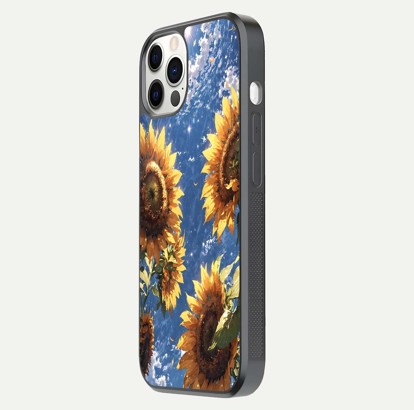 Heavenly Sunflower Rise Glass Case for iPhone 12 Pro side-angle image showing reflection glow and soft yellow tone