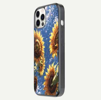 Heavenly Sunflower Rise Glass Case for iPhone 12 Pro side-angle image showing reflection glow and soft yellow tone