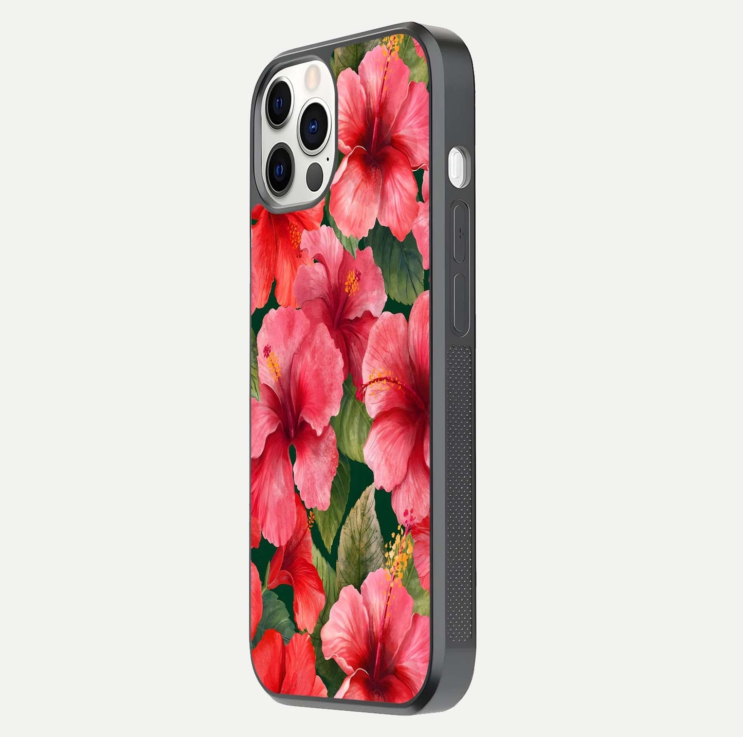 Hibiscus Pattern Glass Case for iPhone 12 Pro side-angle image showing reflection brightness and floral detailing