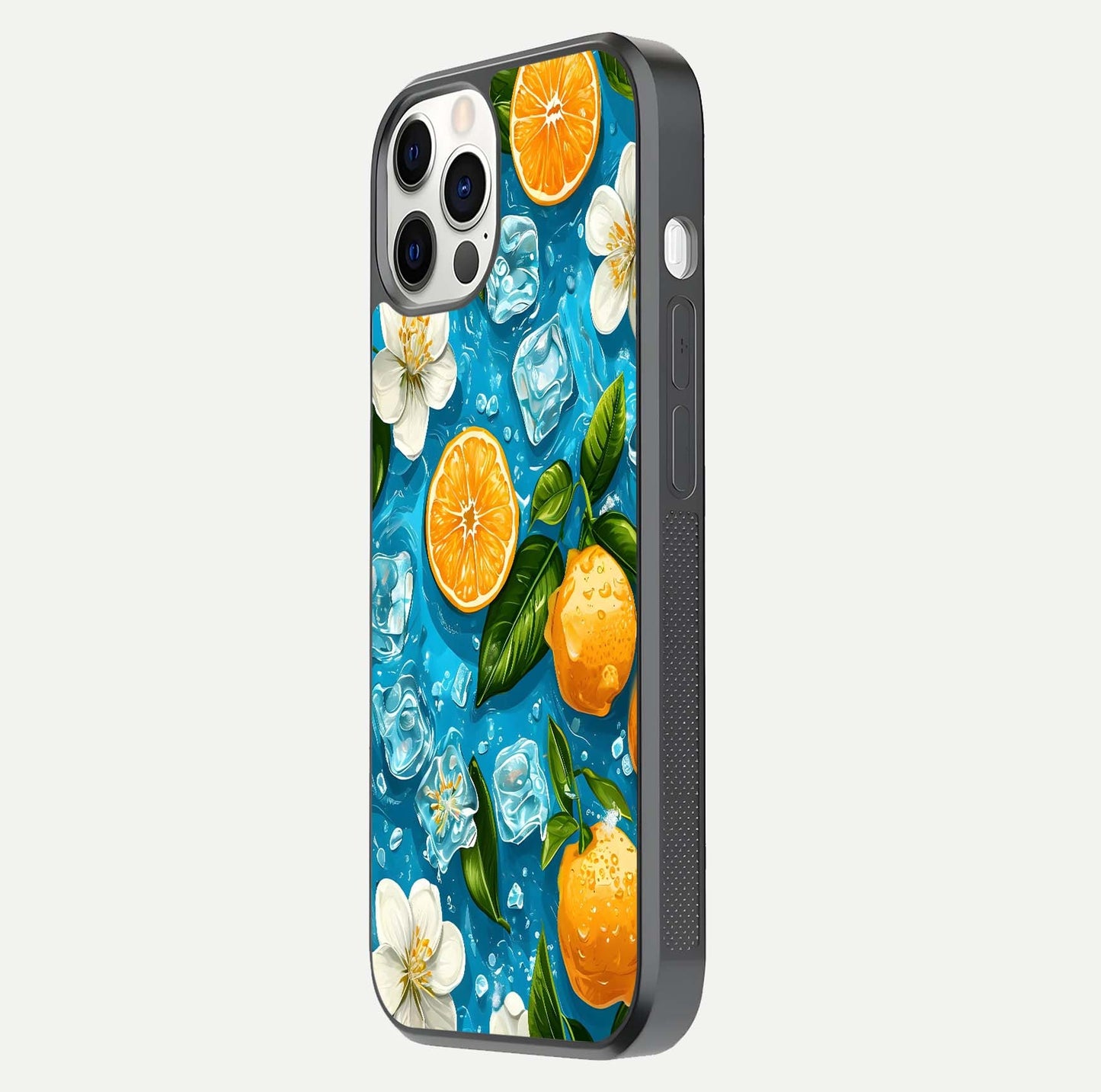 Ice Cube With Orange Glass Case for iPhone 12 Pro side-angle image showing reflection brightness and juicy pattern detail