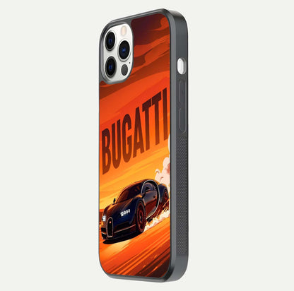 Inferno Bugatti Storm Glass Case for iPhone 12 Pro side-angle image showing reflection glow and vibrant red tones