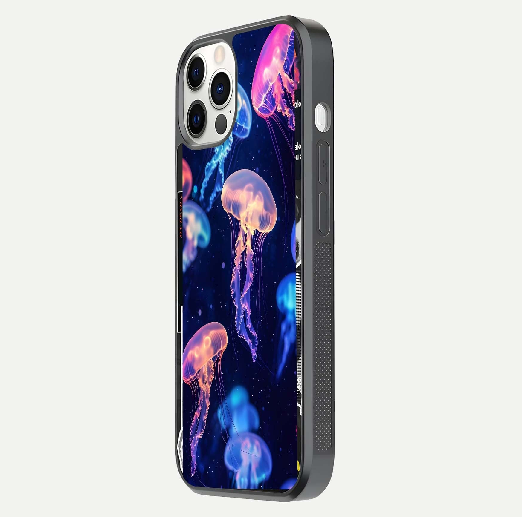 Jellyfish Pattern Glass Case for iPhone 12 Pro side-angle image showing reflection glow and soft water-blue gradient
