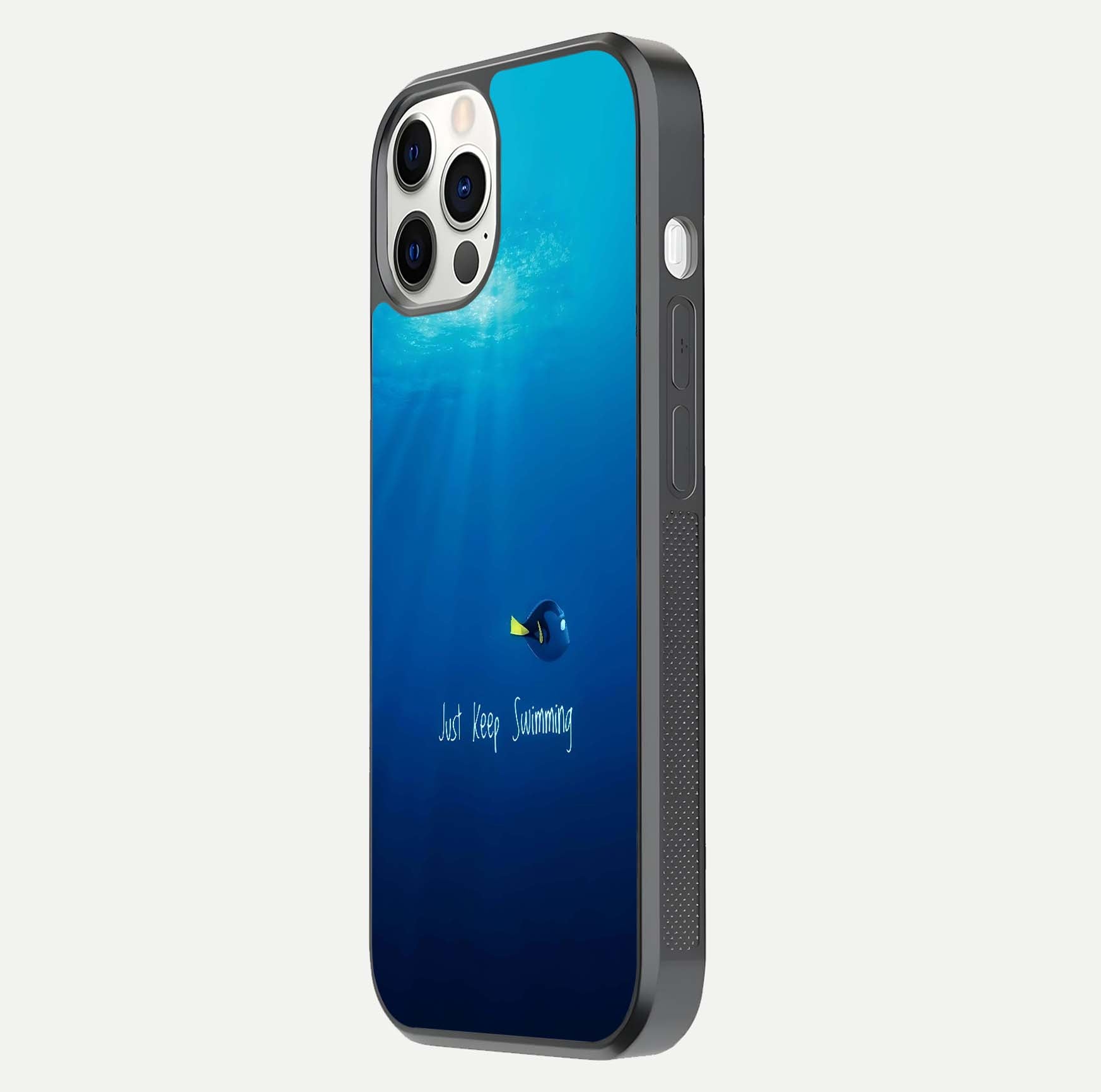 Just Keep Swimming Glass Case for iPhone 12 Pro side-angle image highlighting reflective surface and positive quote