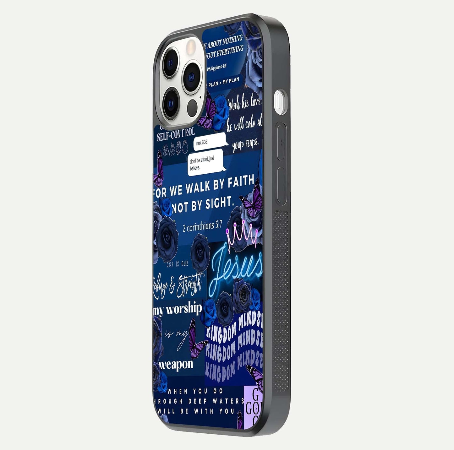 Kingdom Faith Glow Glass Case for iPhone 12 Pro side-angle image with reflective cross and faith glow
