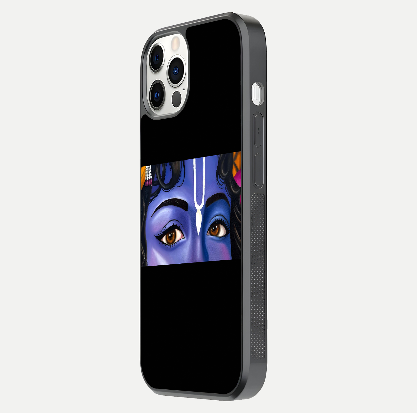Krishna Eye Glass Case for iPhone 12 Pro side-angle image showing reflection clarity and Krishna symbol design