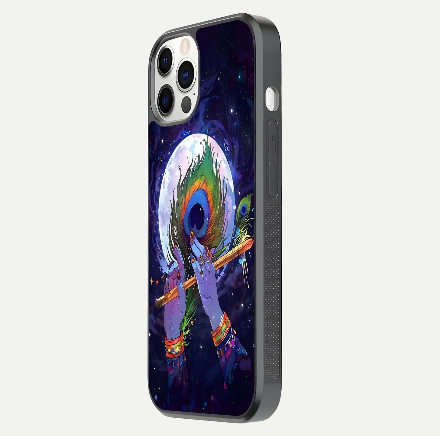 Krishna Hands Art Glass Case for iPhone 12 Pro side-angle image highlighting reflection brightness and vivid print