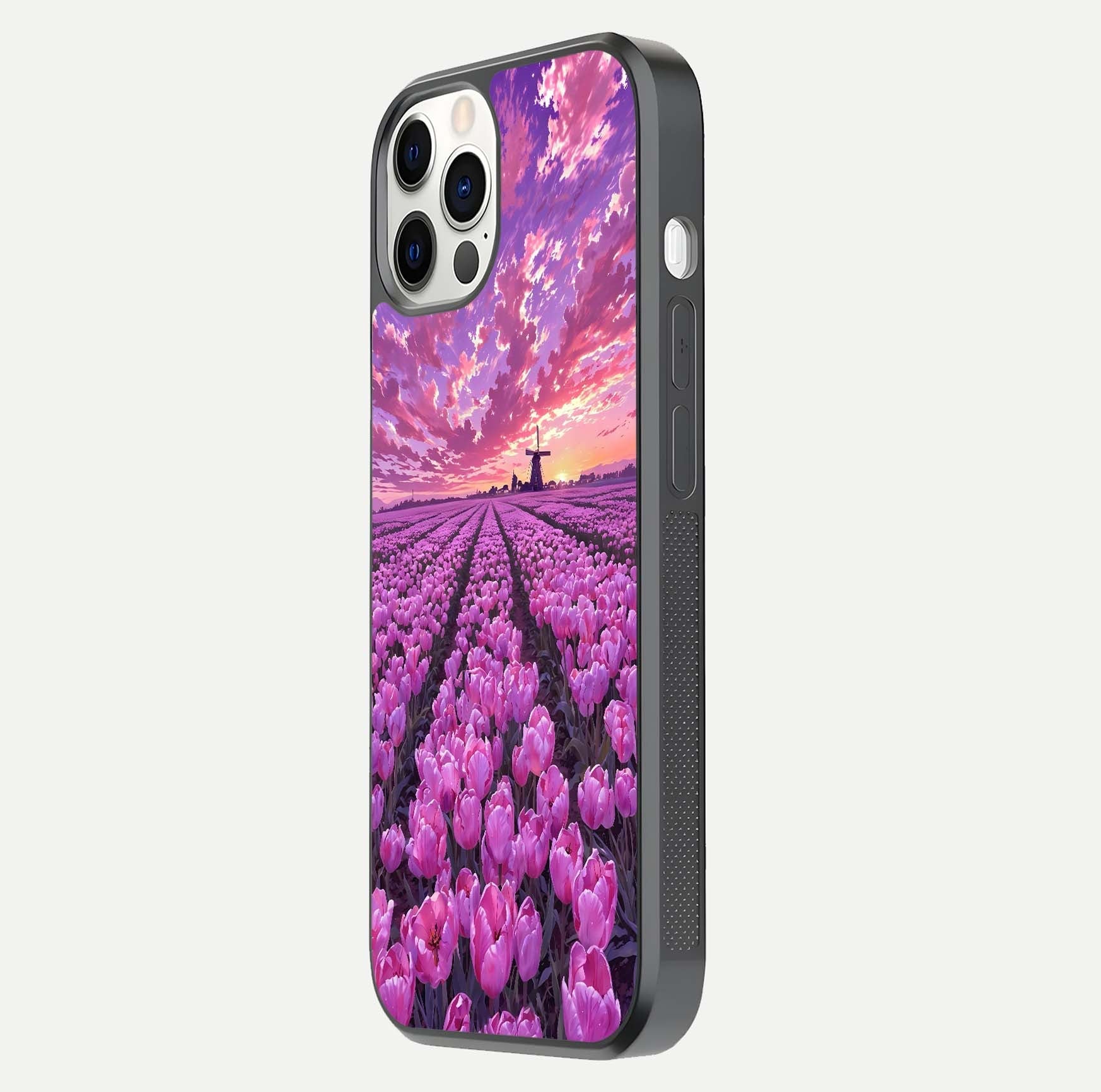 Lavender Dream Skies Glass Case for iPhone 12 Pro side-angle image showing reflection depth and serene tones