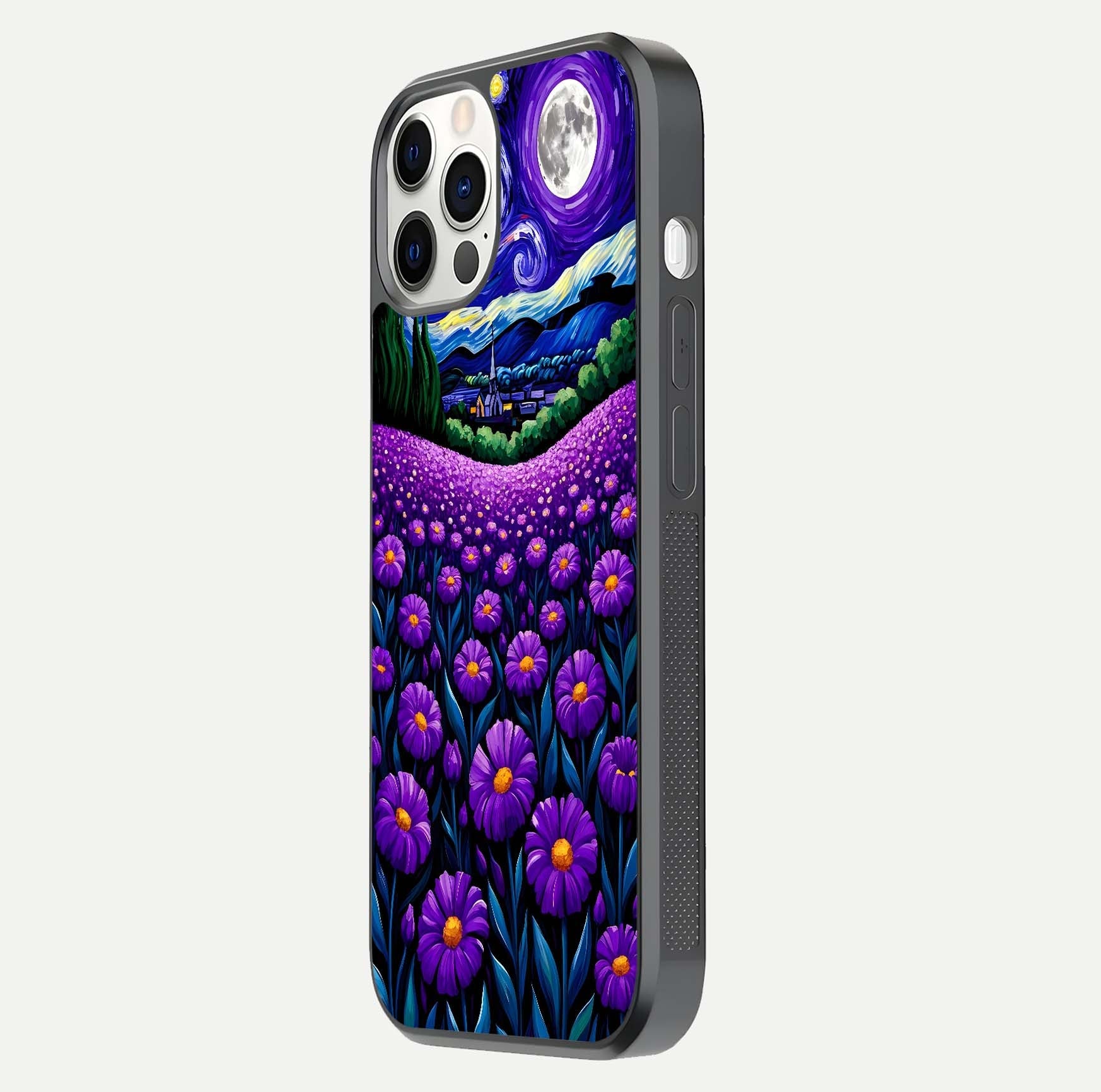 Lavender Moon Field Glass Case for iPhone 12 Pro side-angle image showing HD reflection and moonlit lavender art