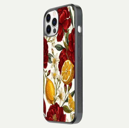Lemon Rose Charm Glass Case for iPhone 12 Pro side-angle image revealing reflection depth and vibrant flower art