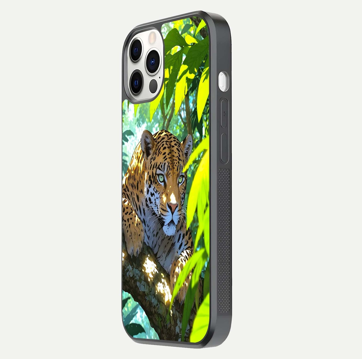 Leopard in Jungle Glass Case for iPhone 12 Pro side-angle shot emphasizing contrast and fierce design clarity