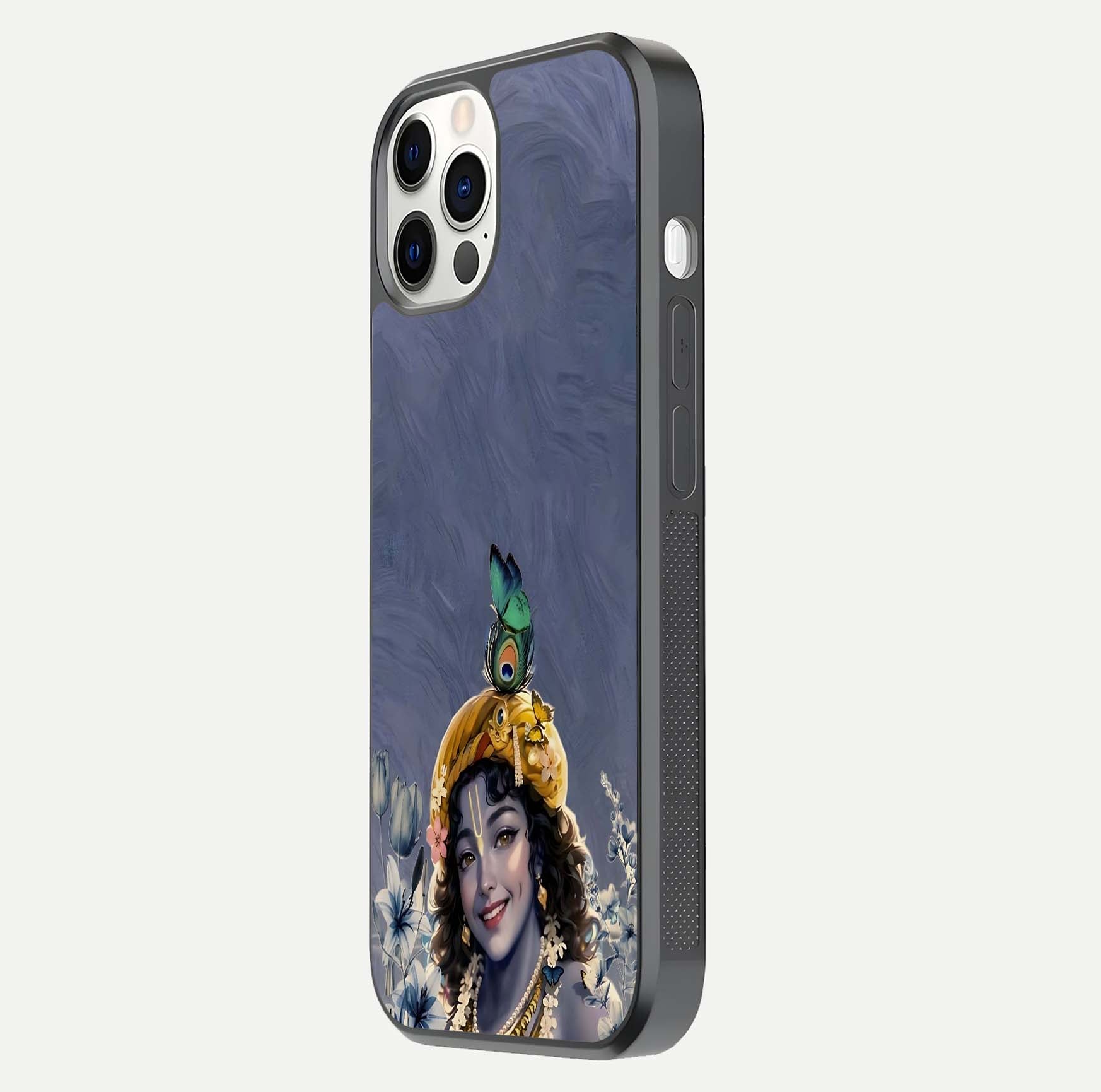Lord Krishna Glass Case for iPhone 12 Pro side-angle image emphasizing premium reflection and sacred motif