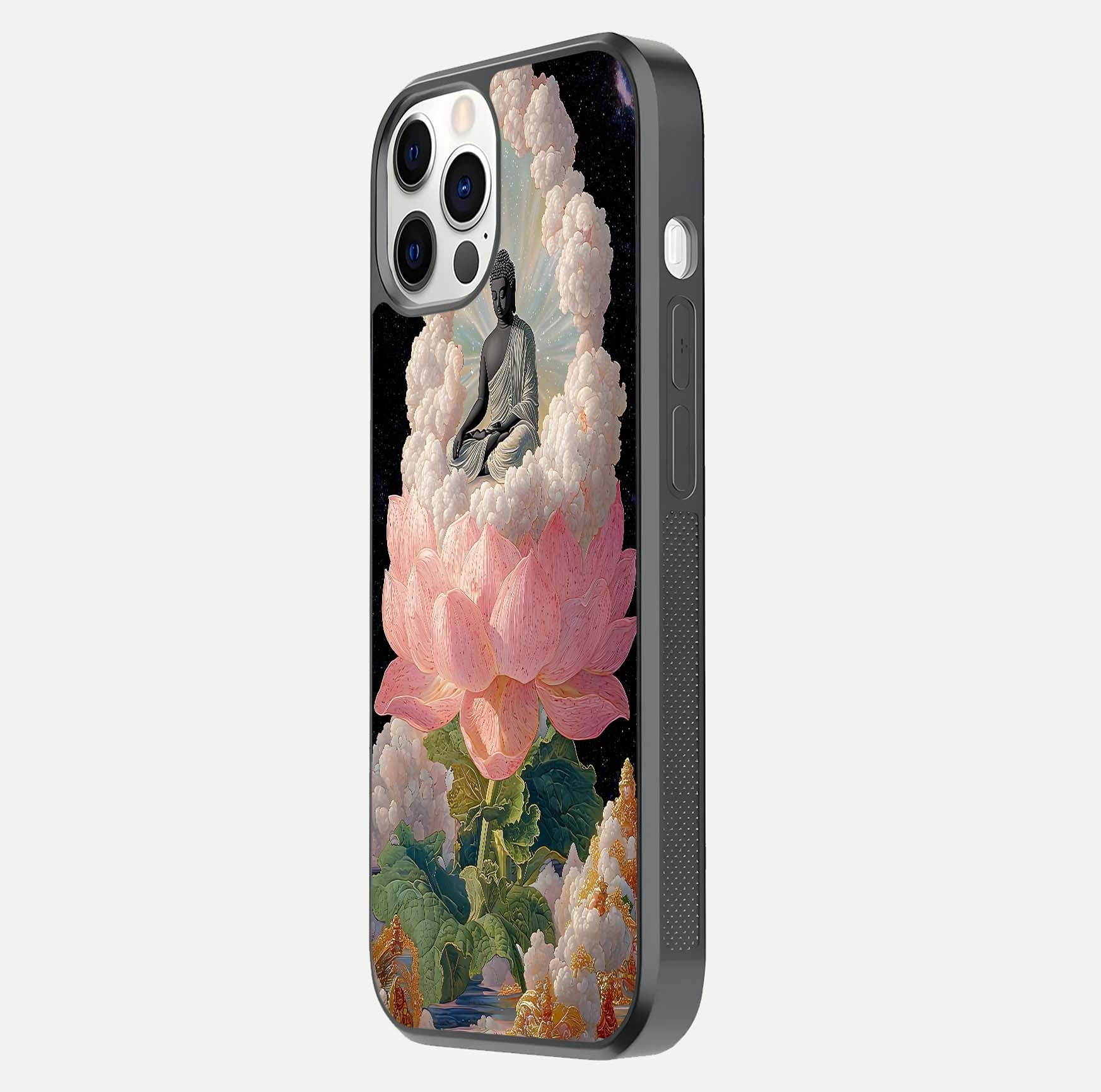 Lotus Divine Peace Glass Case for iPhone 12 Pro side-angle shot showing elegant shine and floral symmetry