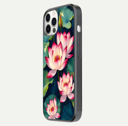 Lotus Dream Serenity Glass Case for iPhone 12 Pro side-angle image revealing reflection clarity and calm tones