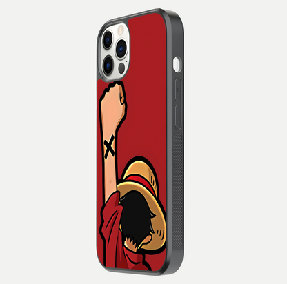 Luffy X Spirit Glass Case for iPhone 12 Pro side-angle image highlighting reflection strength and anime print