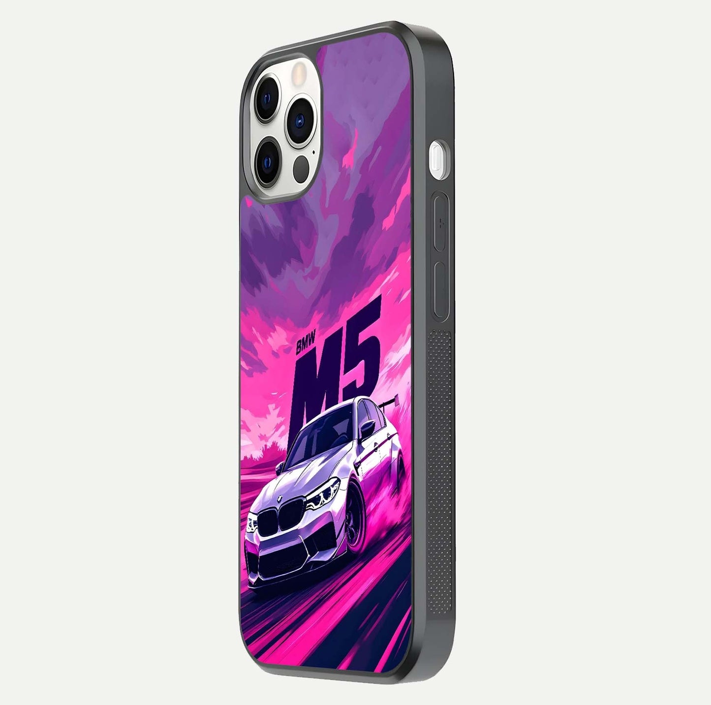 MS Neon Car Glass Case for iPhone 12 Pro side-angle image showing glow reflection and car detailing
