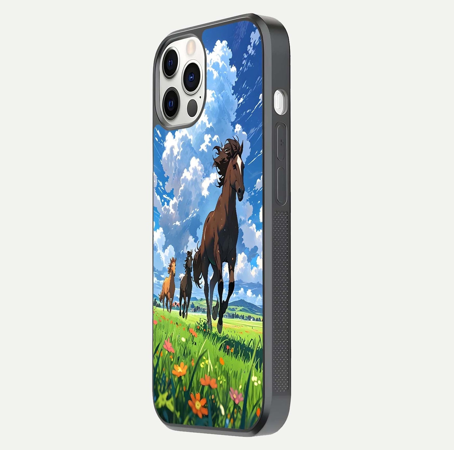 Majestic Horses Galloping Glass Case for iPhone 12 Pro side-angle shot emphasizing reflection and running artwork