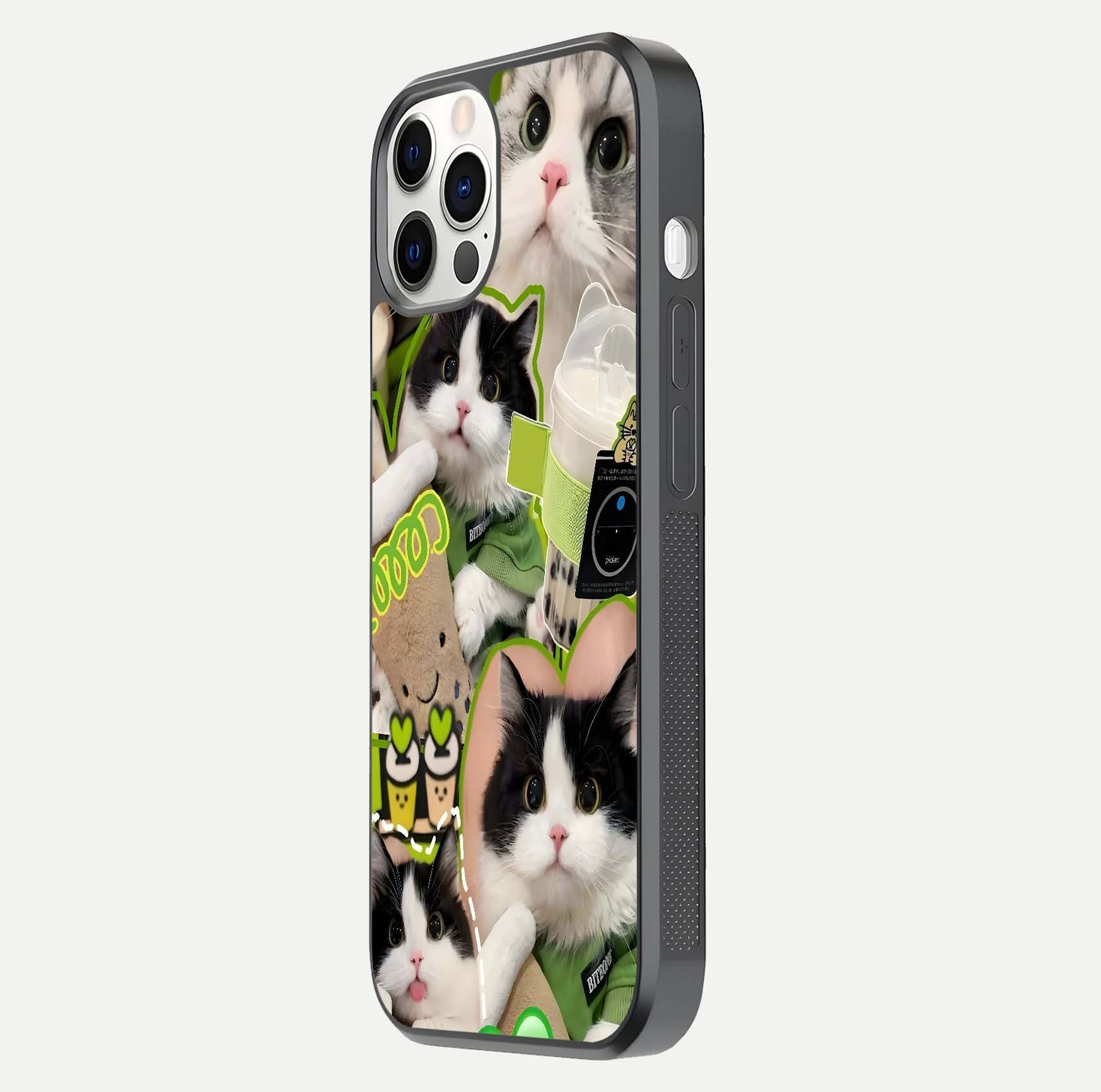 Matcha Cats Mood Glass Case for iPhone 12 Pro side-angle image showing shine clarity and cat pattern charm