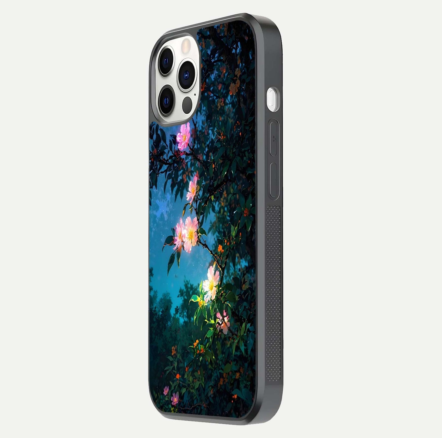 Midnight Bloom Glow Glass Case for iPhone 12 Pro side-angle image revealing reflection and deep midnight hues