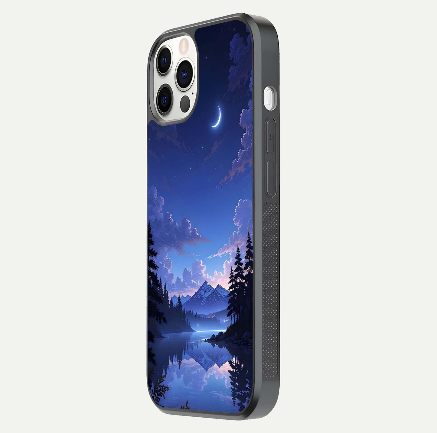 Midnight Lake Peace Glass Case for iPhone 12 Pro side-angle image showing HD shine and tranquil color tones