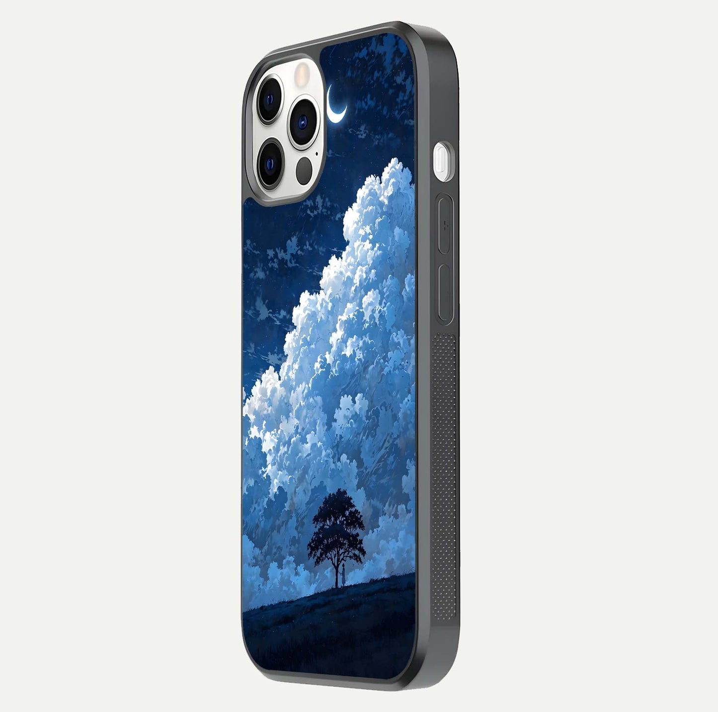 Midnight Sky Serenity Glass Case for iPhone 12 Pro side-angle image showing soft glow and smooth reflection