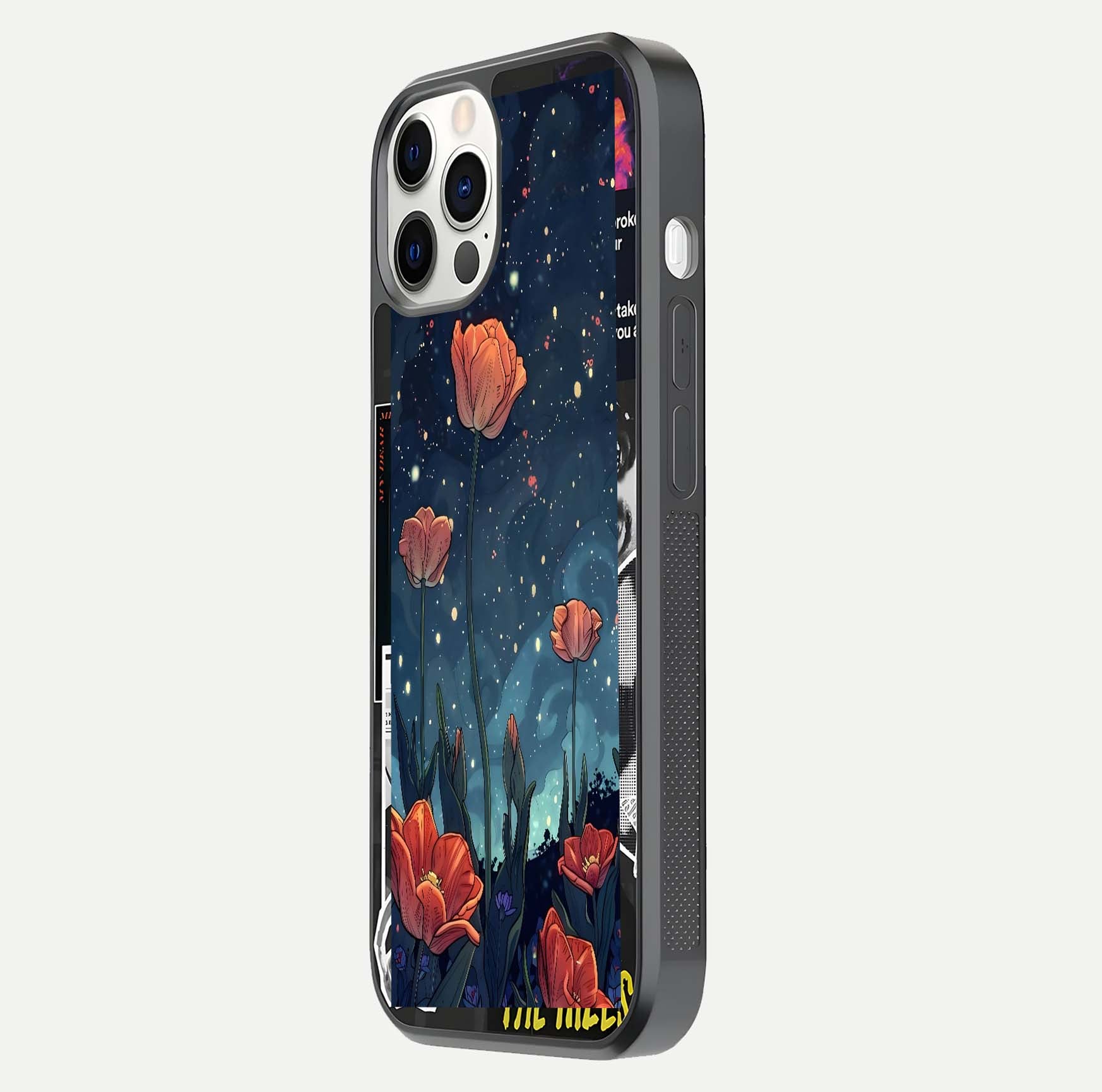 Midnight Tulip Glow Glass Case for iPhone 12 Pro side-angle image showing shine depth and flower artwork