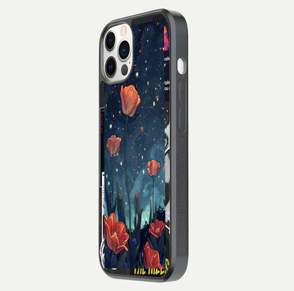 Midnight Tulip Glow Glass Case for iPhone 12 Pro side-angle image showing shine depth and flower artwork