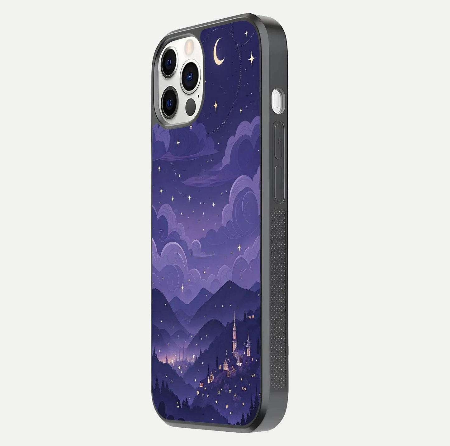 Minimal Night View Glass Case for iPhone 12 Mini side-angle image showing subtle reflection and urban design