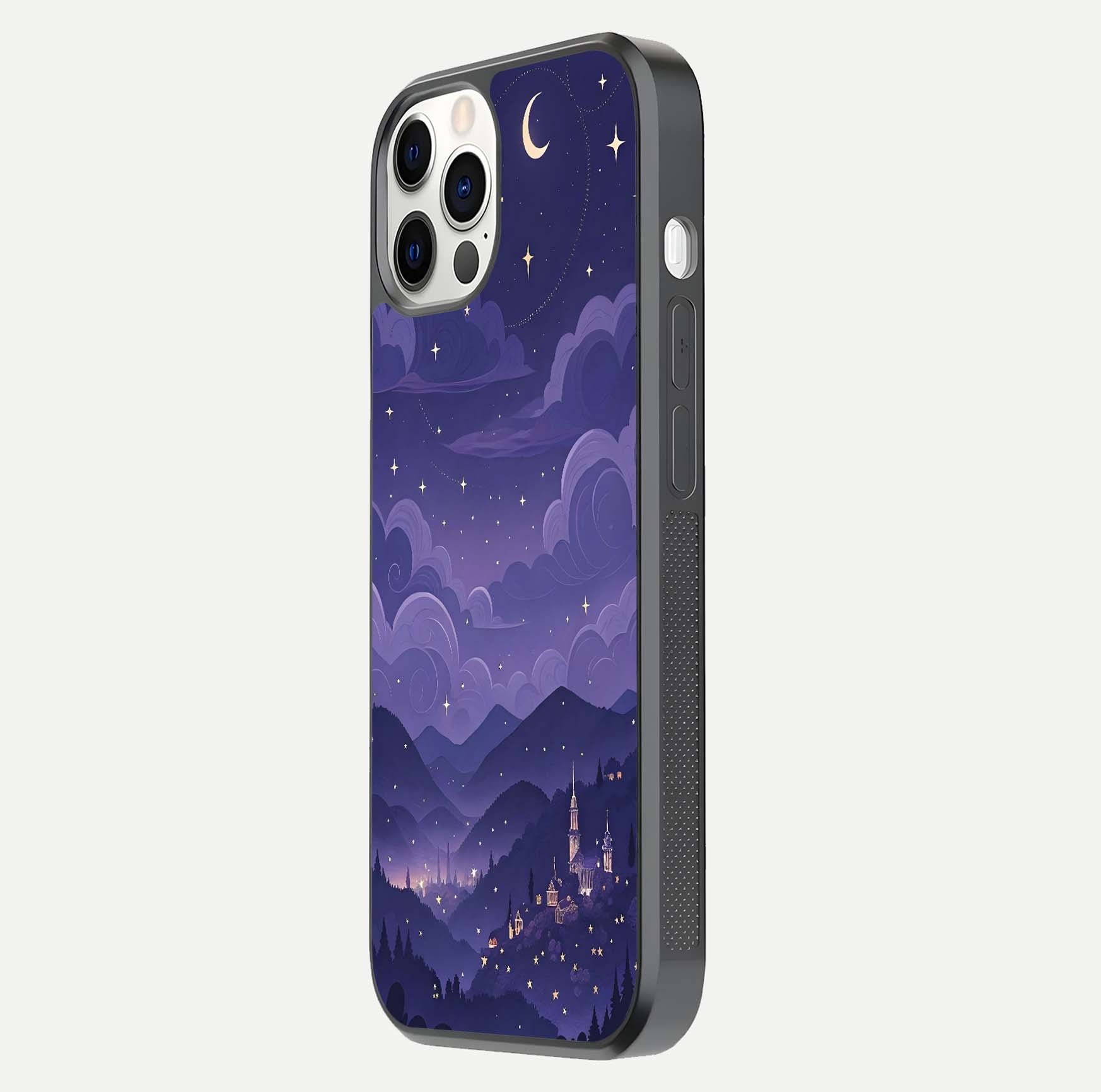 Minimal Night View Glass Case for iPhone 12 Mini side-angle image showing subtle reflection and urban design
