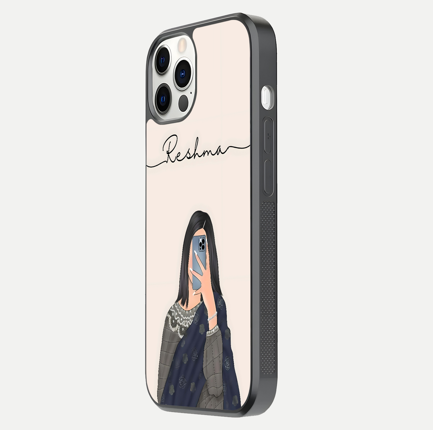 Mirror Mood Muse Custom Name Glass Case for iPhone 12 Pro side-angle image emphasizing glossy mirror texture