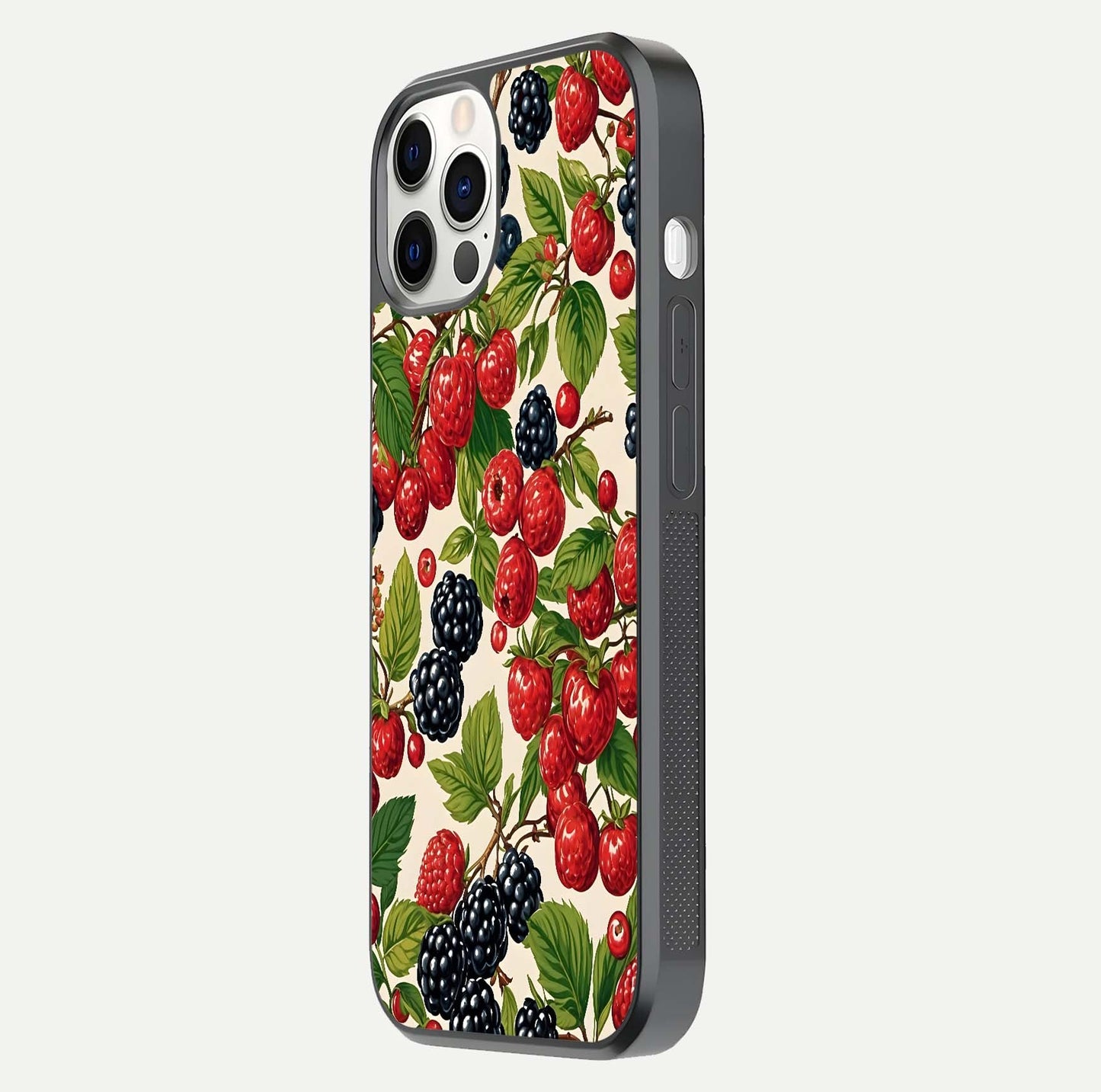 Mixed Berry Collage Glass Case for iPhone 12 Pro side-angle image showing reflection and HD fruit texture