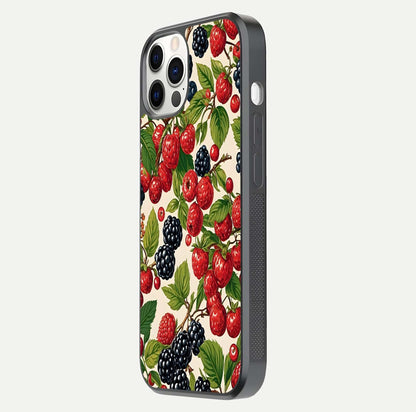 Mixed Berry Collage Glass Case for iPhone 12 Pro side-angle image showing reflection and HD fruit texture