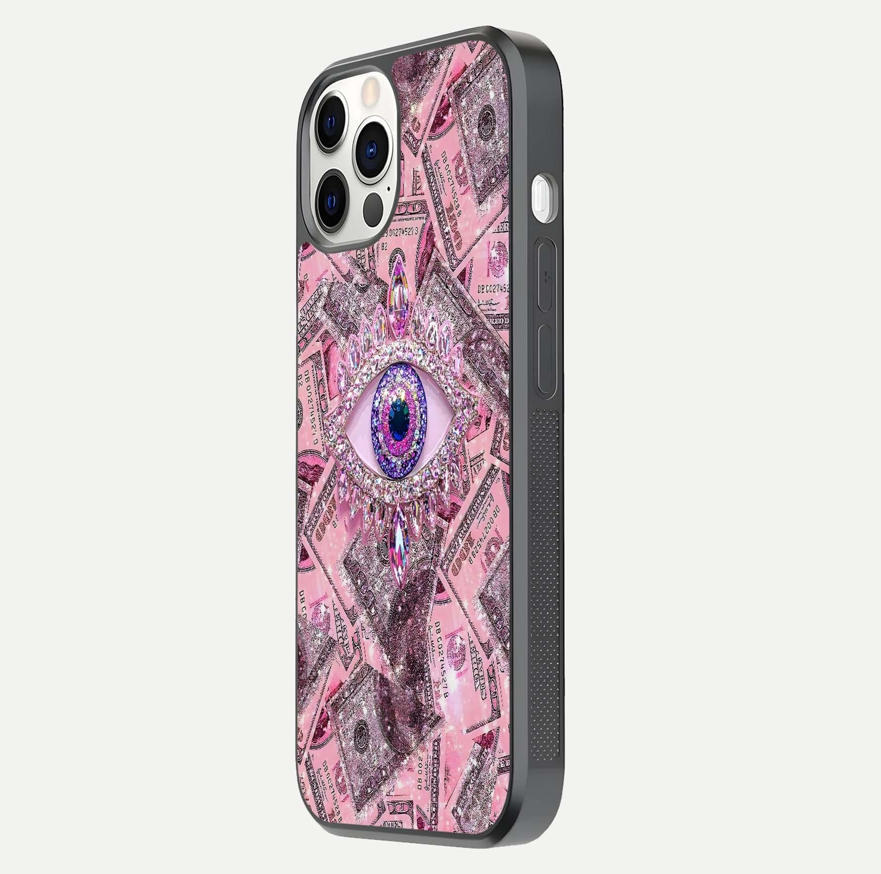 Money Eye Luxe Glass Case for iPhone 12 Pro side-angle image showing HD reflection and luxury print clarity