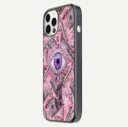 Money Eye Luxe Glass Case for iPhone 12 Pro side-angle image showing HD reflection and luxury print clarity