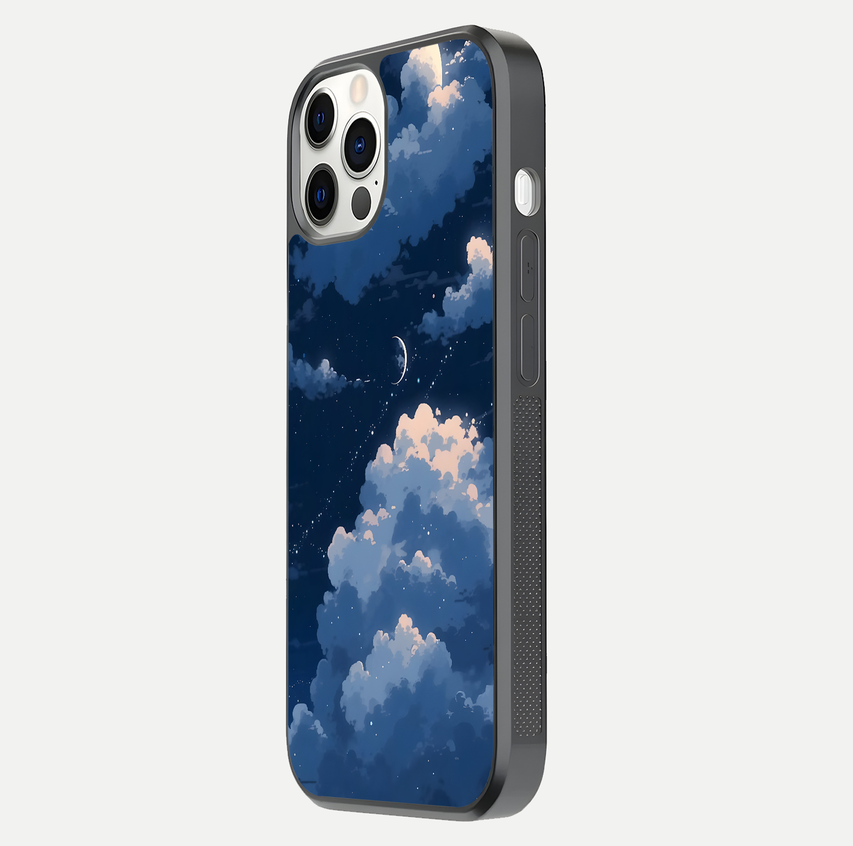 Moon Dream Haze Glass Case for iPhone 12 Pro side-angle image showing HD reflection and moonlight detailing
