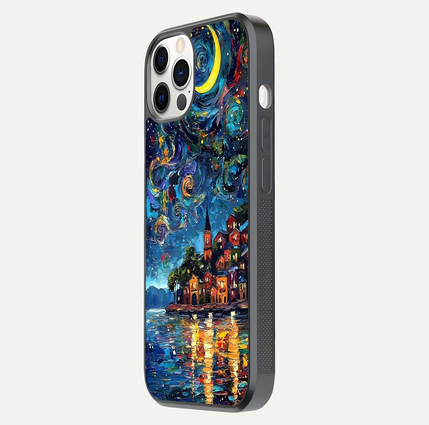 Moonlight Harbor Glow Glass Case for iPhone 12 Pro side-angle image showing reflective surface and ocean tones