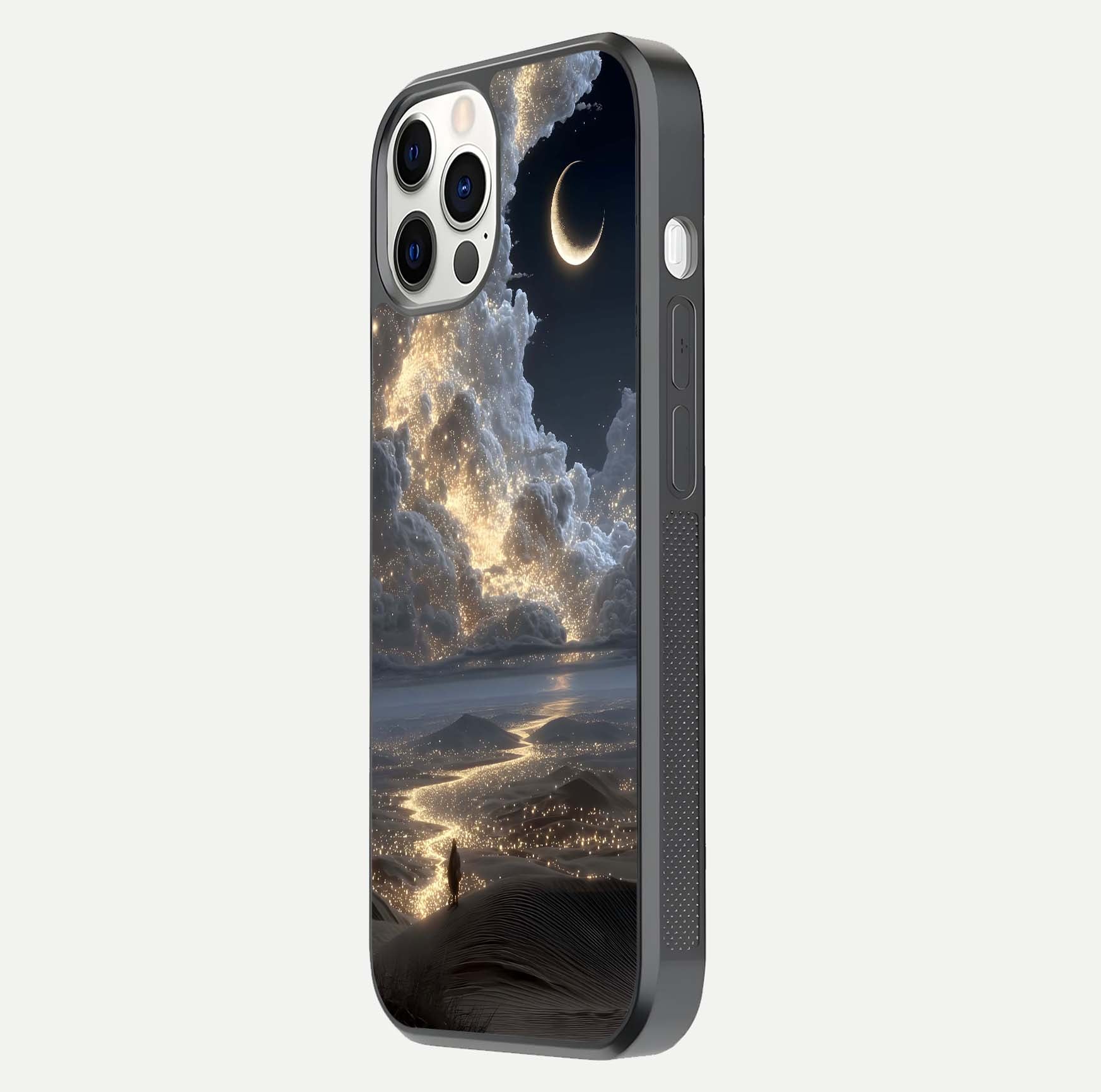 Moonlight Spark Path Glass Case for iPhone 12 Pro side-angle image showing reflection and moonlit detail