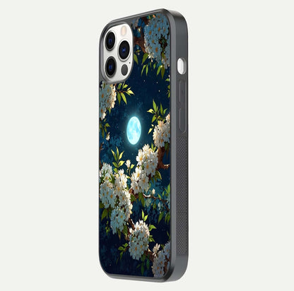 Moonlit Blossom Dream Glass Case for iPhone 12 Pro side-angle image showing shine depth and flower glow