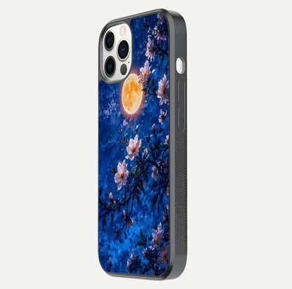 Moonlit Blossoms Night Glass Case for iPhone 12 Pro side-angle image revealing shine and night bloom texture