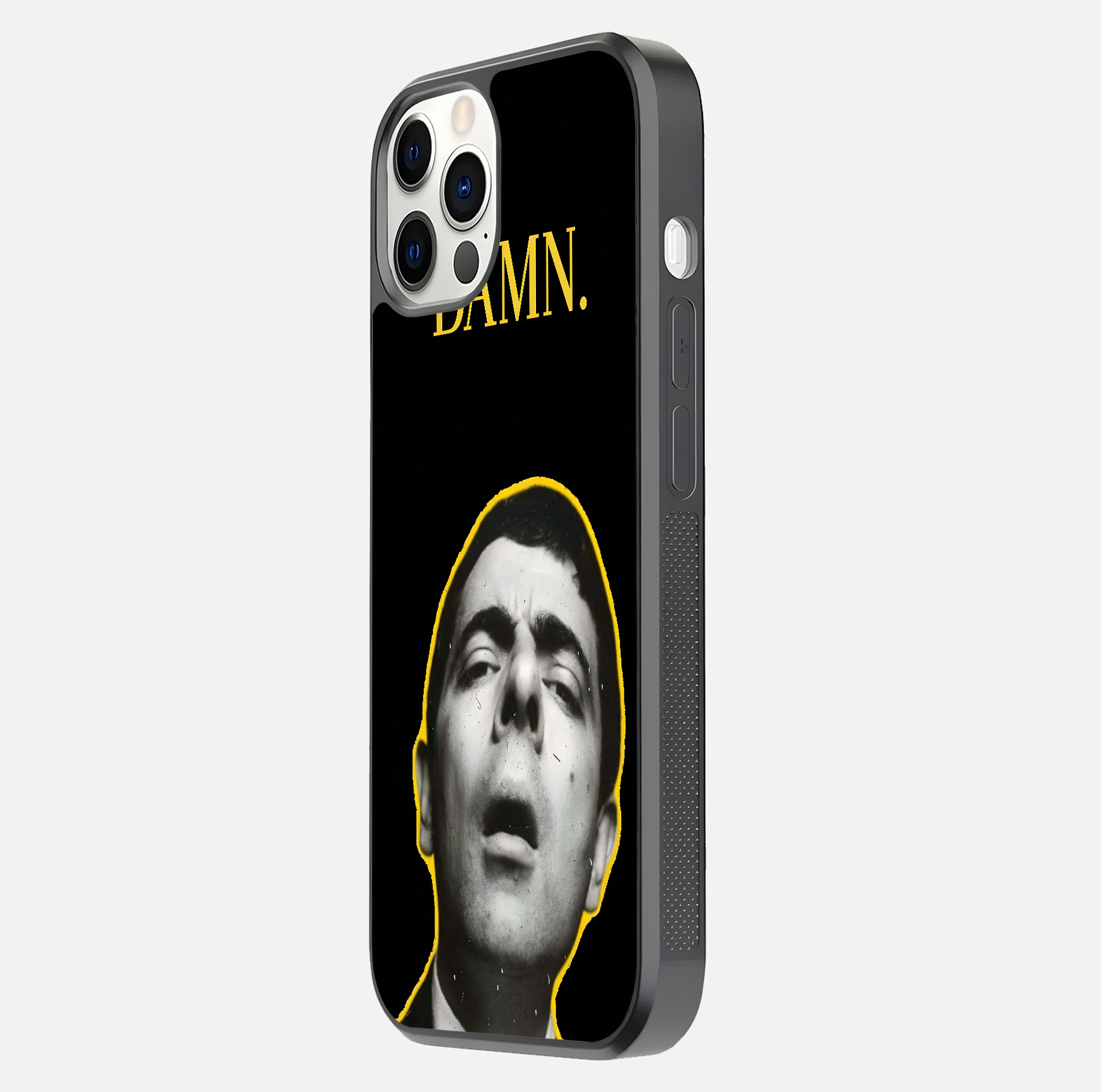 Mr Bean Damn Glass Case for iPhone 12 Pro side-angle image emphasizing HD print clarity and playful theme
