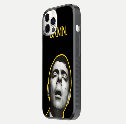 Mr Bean Damn Glass Case for iPhone 12 Pro side-angle image emphasizing HD print clarity and playful theme