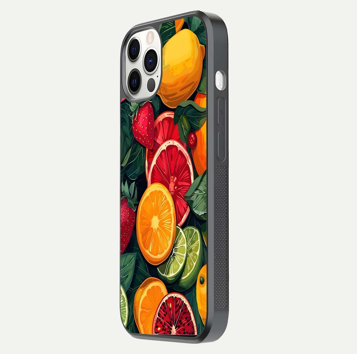 Multiple Fruits Glass Case for iPhone 12 Pro side-angle image showing glossy surface and vivid fruit pattern