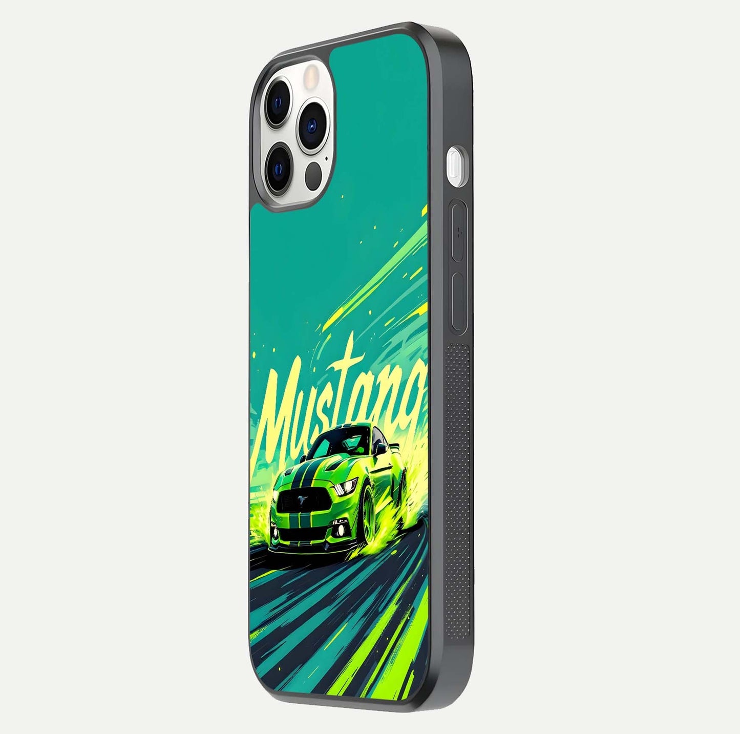 Mustang Bang Glass Case for iPhone 12 Pro side-angle image showing reflection clarity and bold car artwork