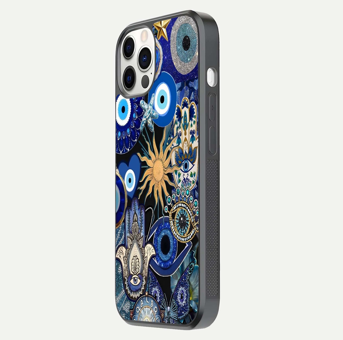 Mystic Blue Evil Eye Glass Case for iPhone 12 Pro side-angle image showing smooth gloss and charm design