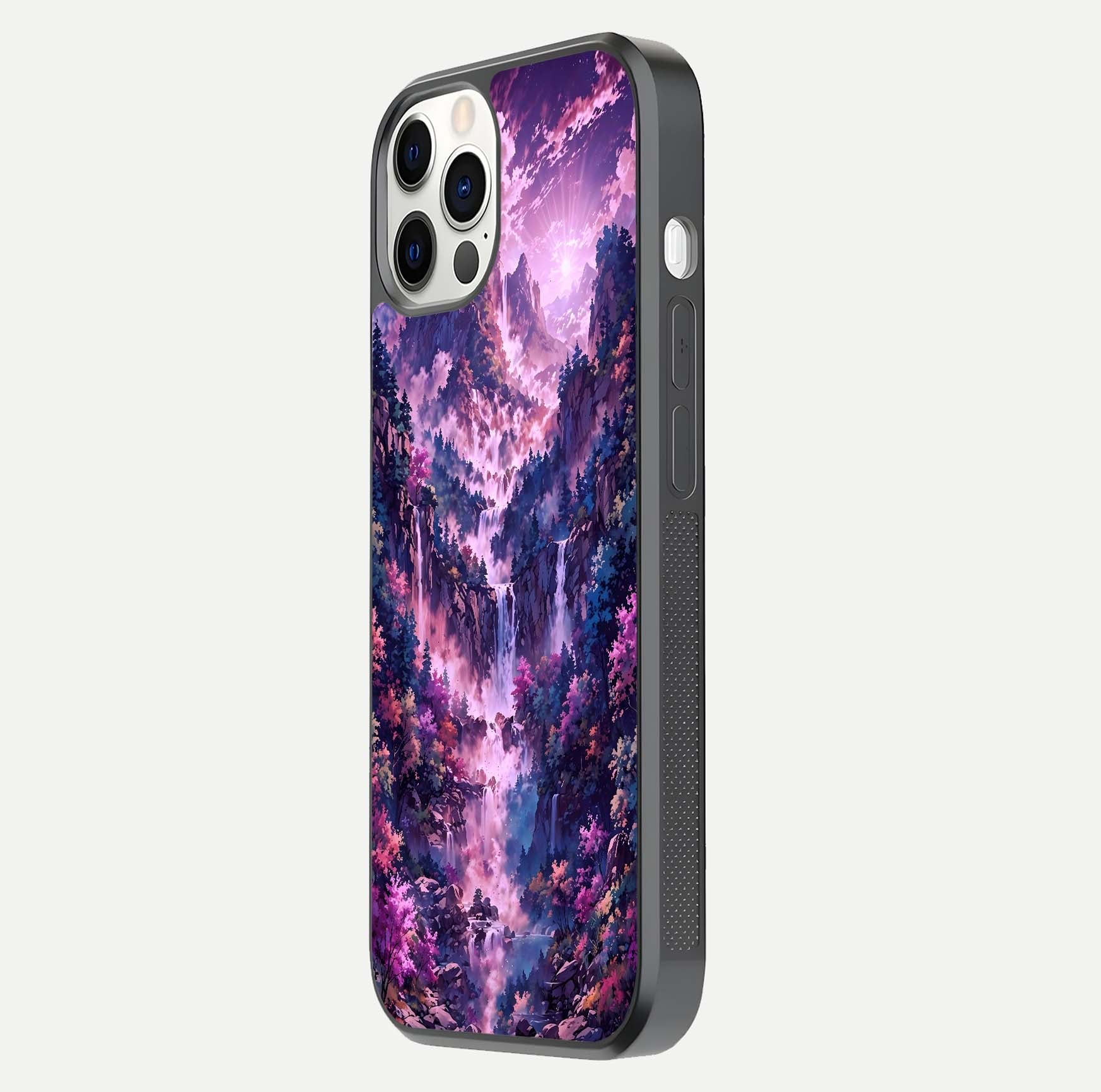 Mystic Cascade Peaks Glass Case for iPhone 12 Pro side-angle image showing reflection and scenic art clarity