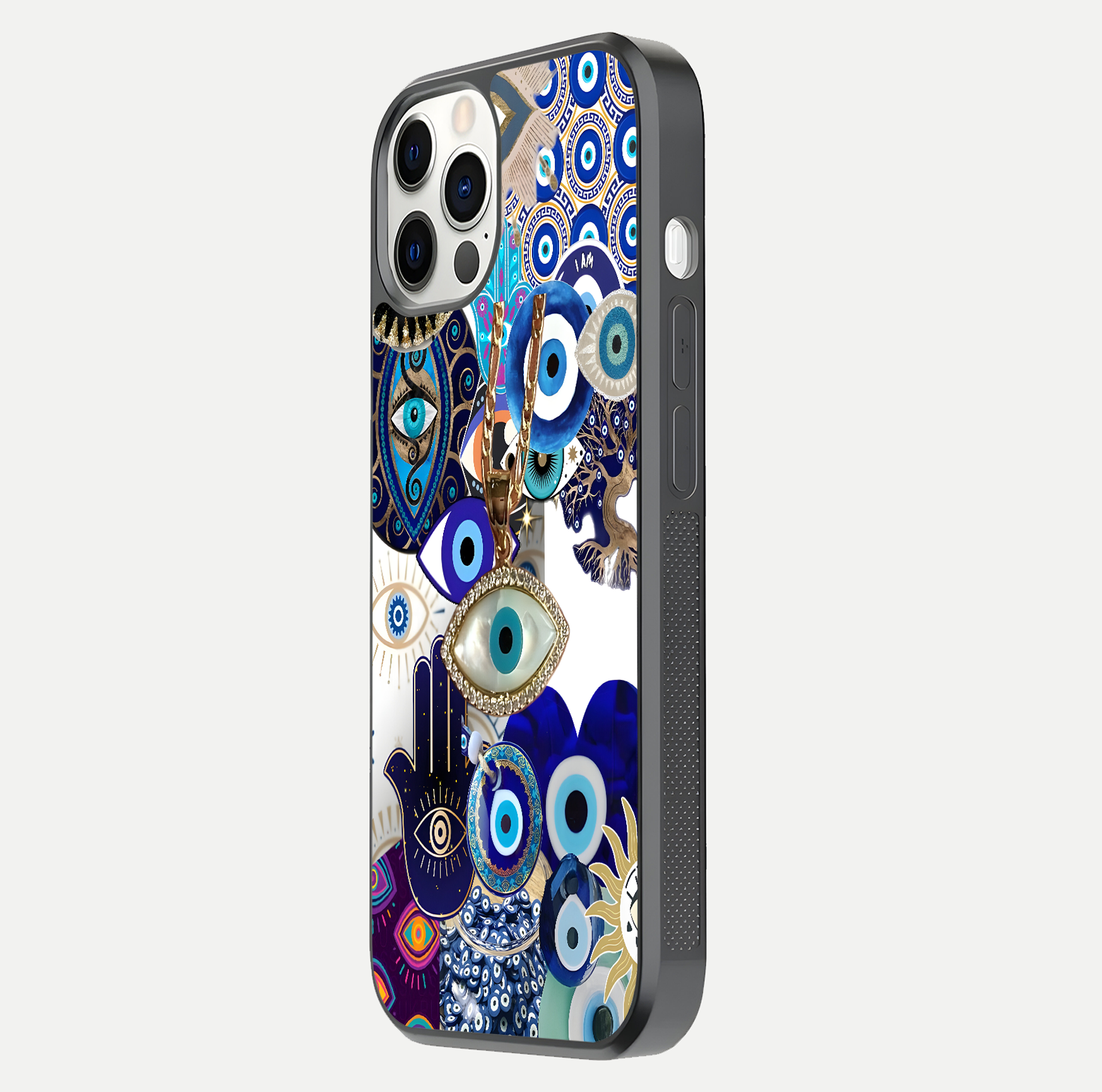 Mystic Charm Eye Glass Case for iPhone 12 Pro side-angle image showing HD reflection and sacred tone