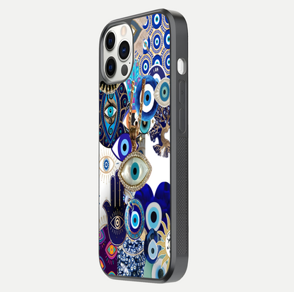 Mystic Charm Eye Glass Case for iPhone 12 Pro side-angle image showing HD reflection and sacred tone